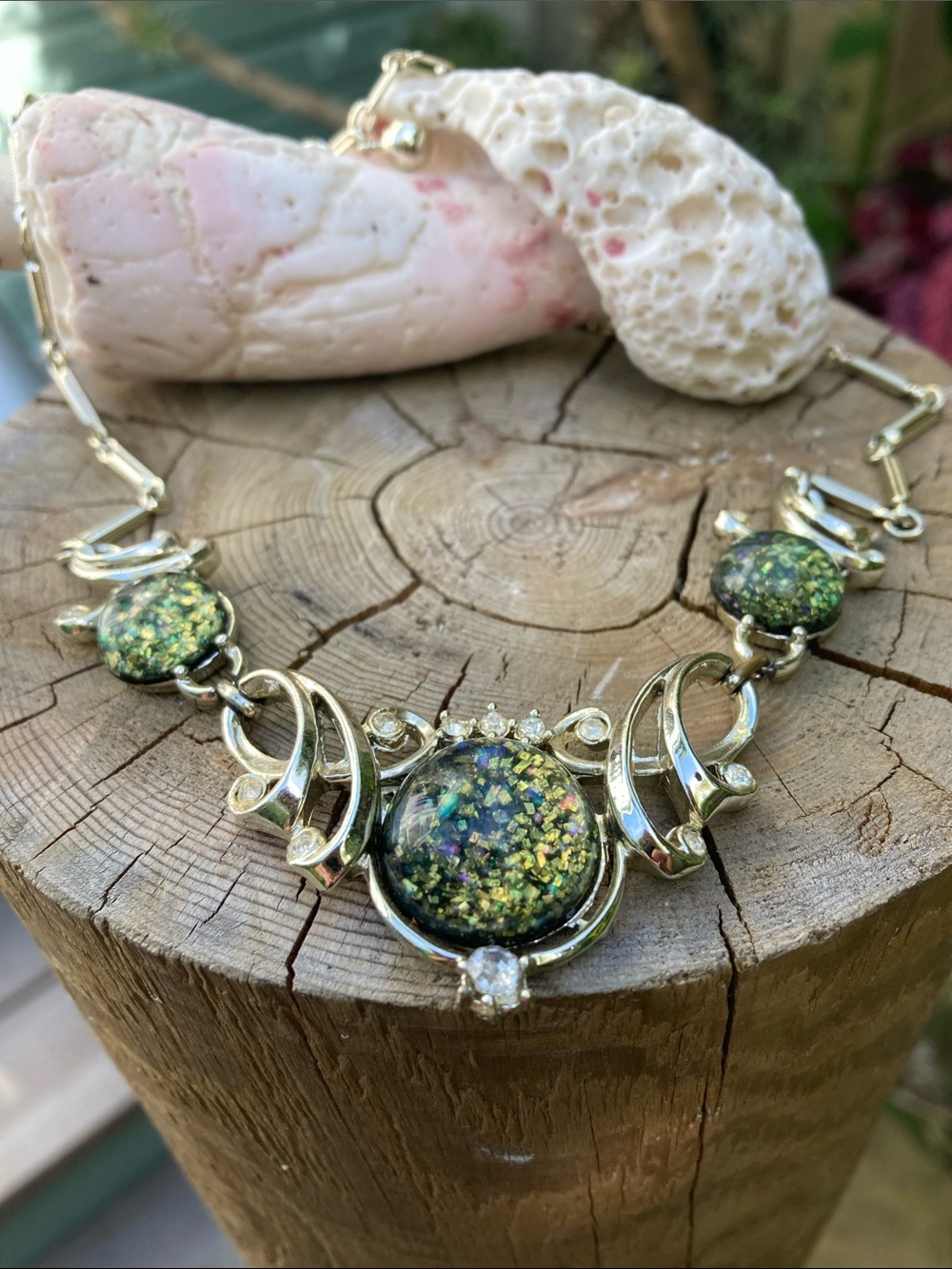 Vintage Gold Necklace with Iridescent Green and Yellow Mosaic Centers